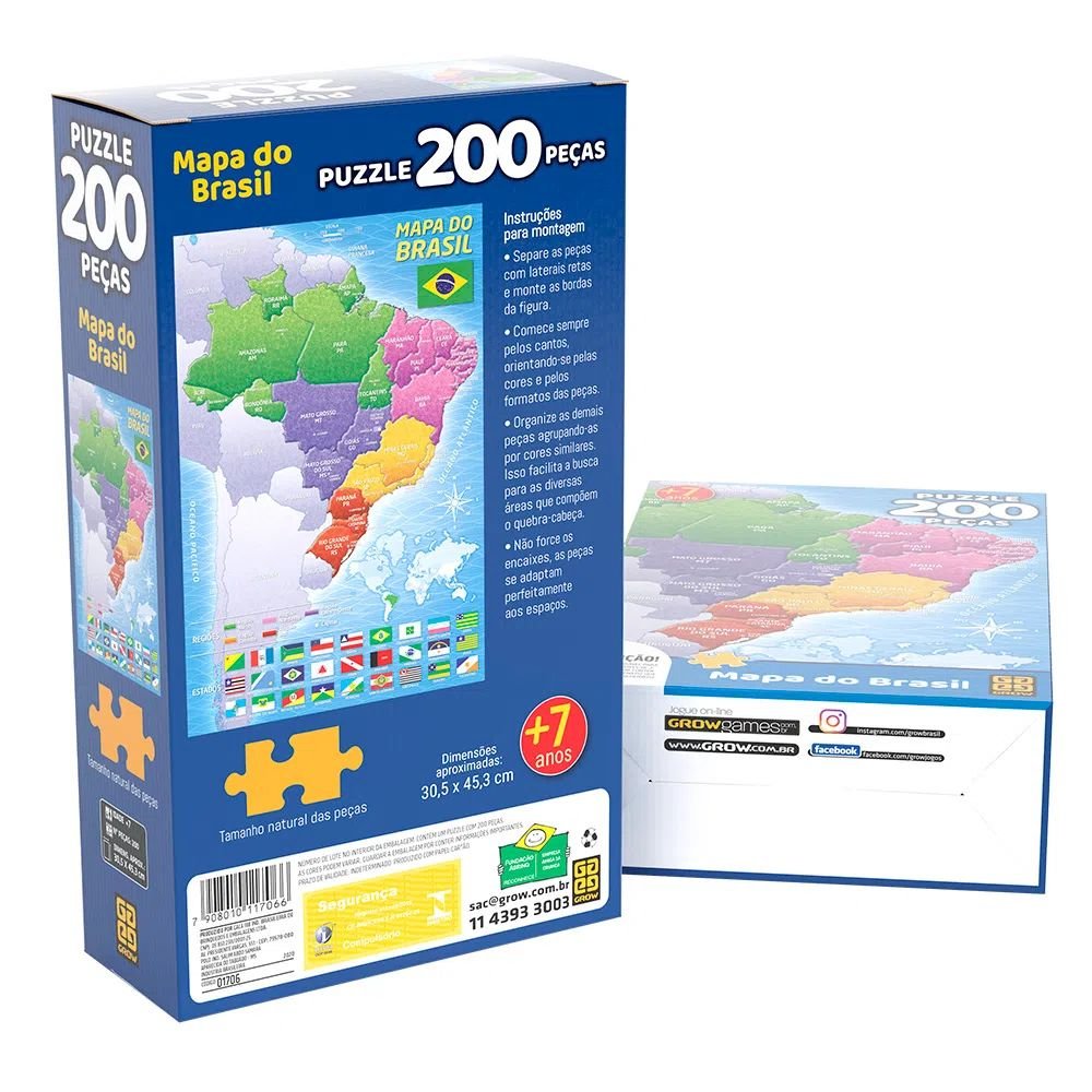 Jogo Quebra Cabeca Puzzle 200 Pecas Mapa do Brasil +7 Anos
