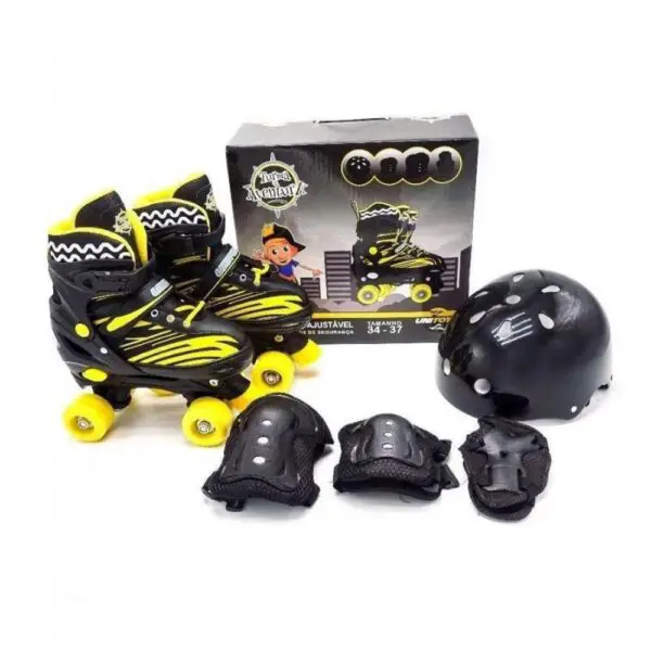 Patins Infantil 4 Rodas com Kit de Protecao 34-37 Preto Uni