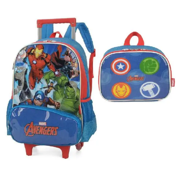 Kit Mochila de Rodinhas + Lancheira Avengers Azul Luxcel