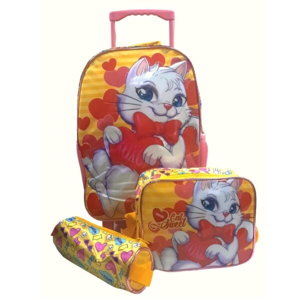 Kit Mochila de Rodinha Cat Sweet + Lancheira + Estojo Rocie