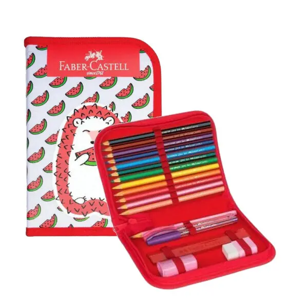 Estojo Porco Espinho + Kit Escolar 18 Itens Faber Castell