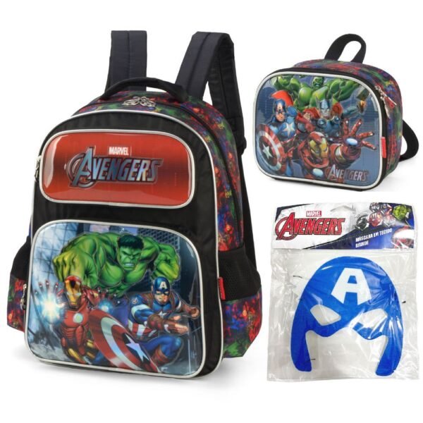 Kit Mochila de Costas Vingadores Preto + Lancheira + Mascara