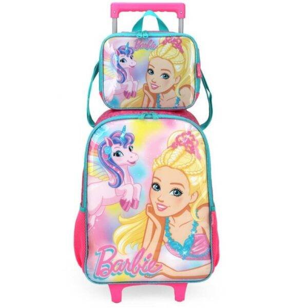 Kit Mochila de Rodinha e Costas Barbie Unicornio + Lancheira