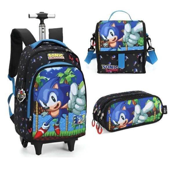 Kit Mochila De Rodinha Com Alca Sonic +Lancheira +Estojo