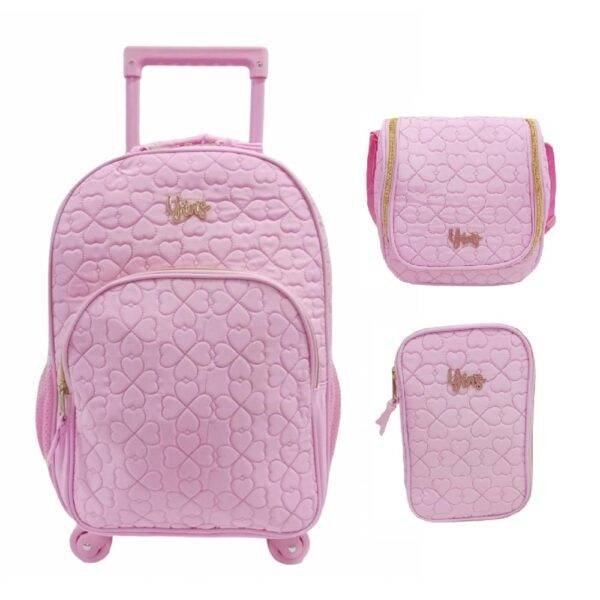 Kit Mochila De Rodinha E Alca +Lancheira +Estojo Box Rosa