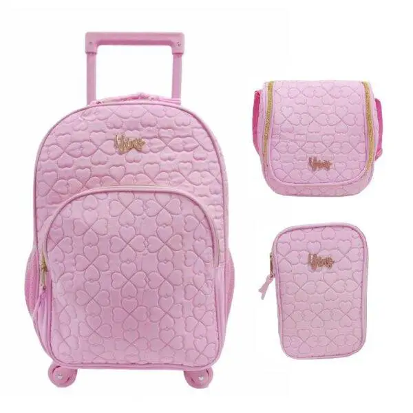 Kit Mochila De Rodinha E Alca +Lancheira +Estojo Box Rosa