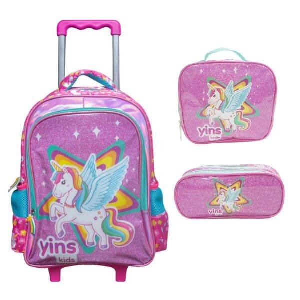 Kit Mochila De Rodinha Unicornio Rosa +Lancheira+Estojo Yins