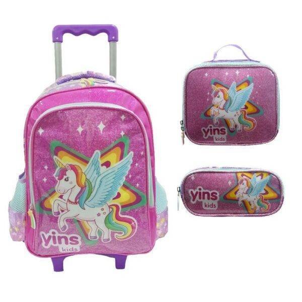 Kit Mochila De Rodinha Unicornio Roxo +Lancheira+Estojo Yins