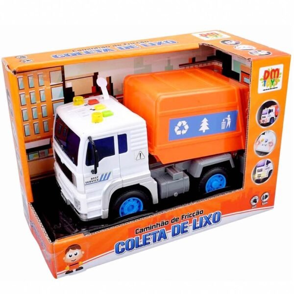 Caminhao Coletor De Lixo Com Luz e Som Friccao Laranja DM - Imagem 2