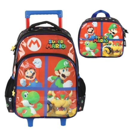 Kit Mochila De Rodinha E Alca Mario E Personagens +Lancheira