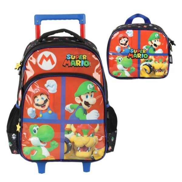 Kit Mochila De Rodinha E Alca Mario E Personagens +Lancheira
