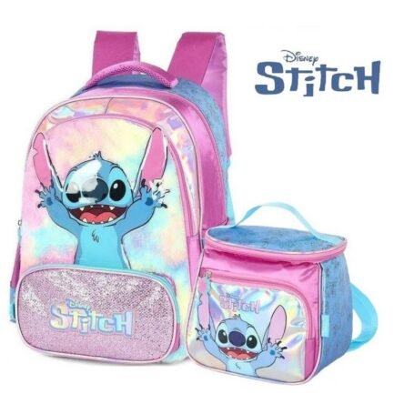 Kit Mochila De Costas Infantil Stitch Rainbow Roxo Luxcel