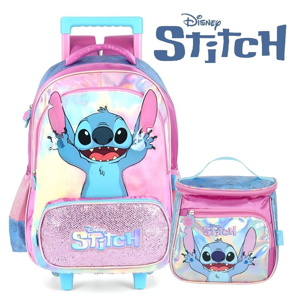 Kit Mochila De Rodinha E Alca Stitch Rainbow Roxo +Lancheira
