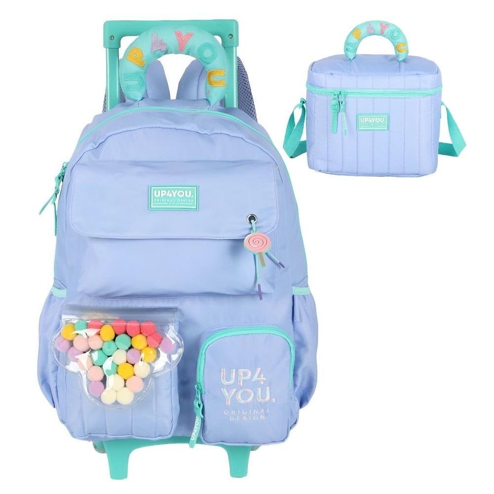 Kit Mochila De Rodinha UP4YOU Bolinha Pompom Lilas+Lancheira