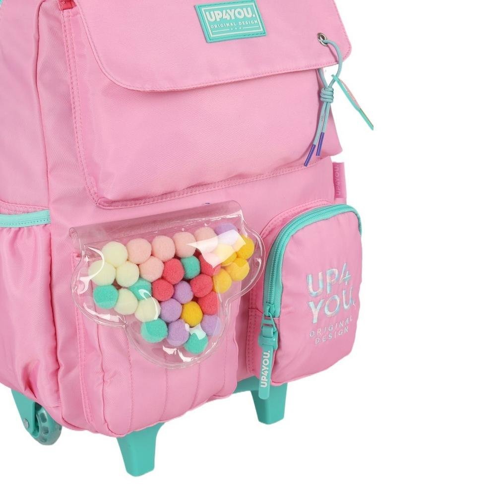 Kit Mochila De Rodinha UP4YOU Bolinhas Pompom Rosa+Lancheira - Imagem 4